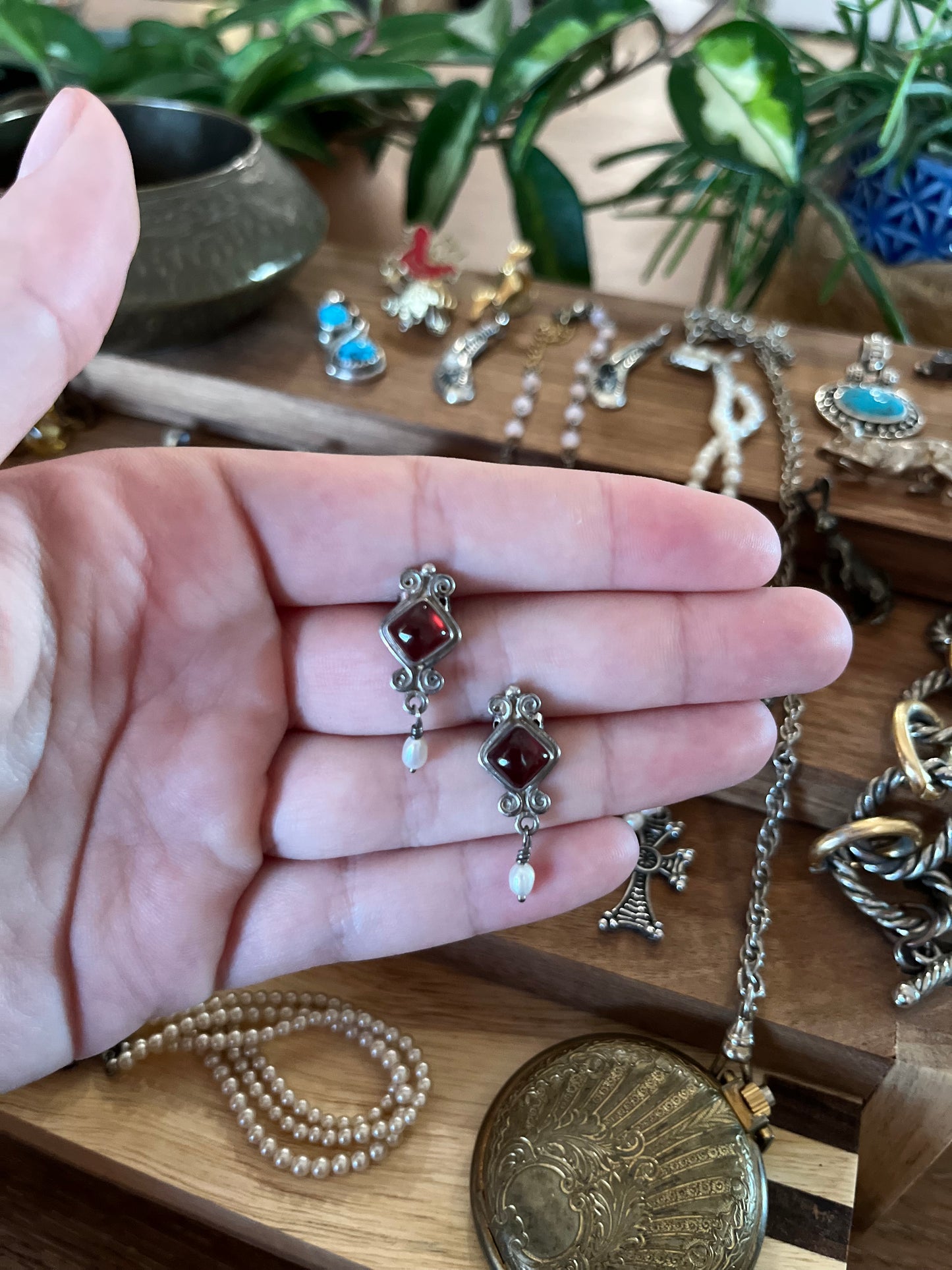 Garnet and pearl sterling silver earrings
